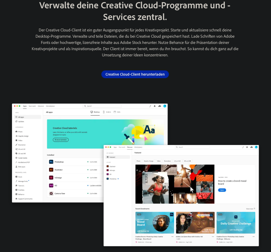 Creative-Cloud-Desktop-App mit Reiter «Alle Applikationen» und installierten Programmen wie Photoshop, Illustrator und InDesign