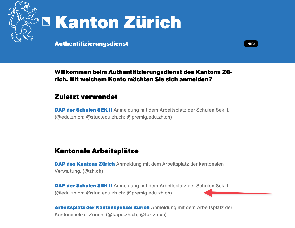 Authentifizierungsdienst des Kantons Zürich mit Pfeil auf die Option «DAP der Schulen SEK II»