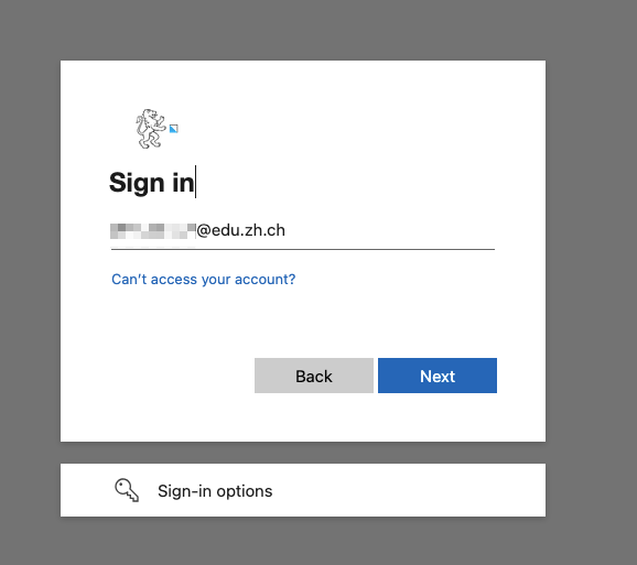 Microsoft-Anmeldemaske mit vorausgefüllter @edu.zh.ch-Adresse und Button «Next»