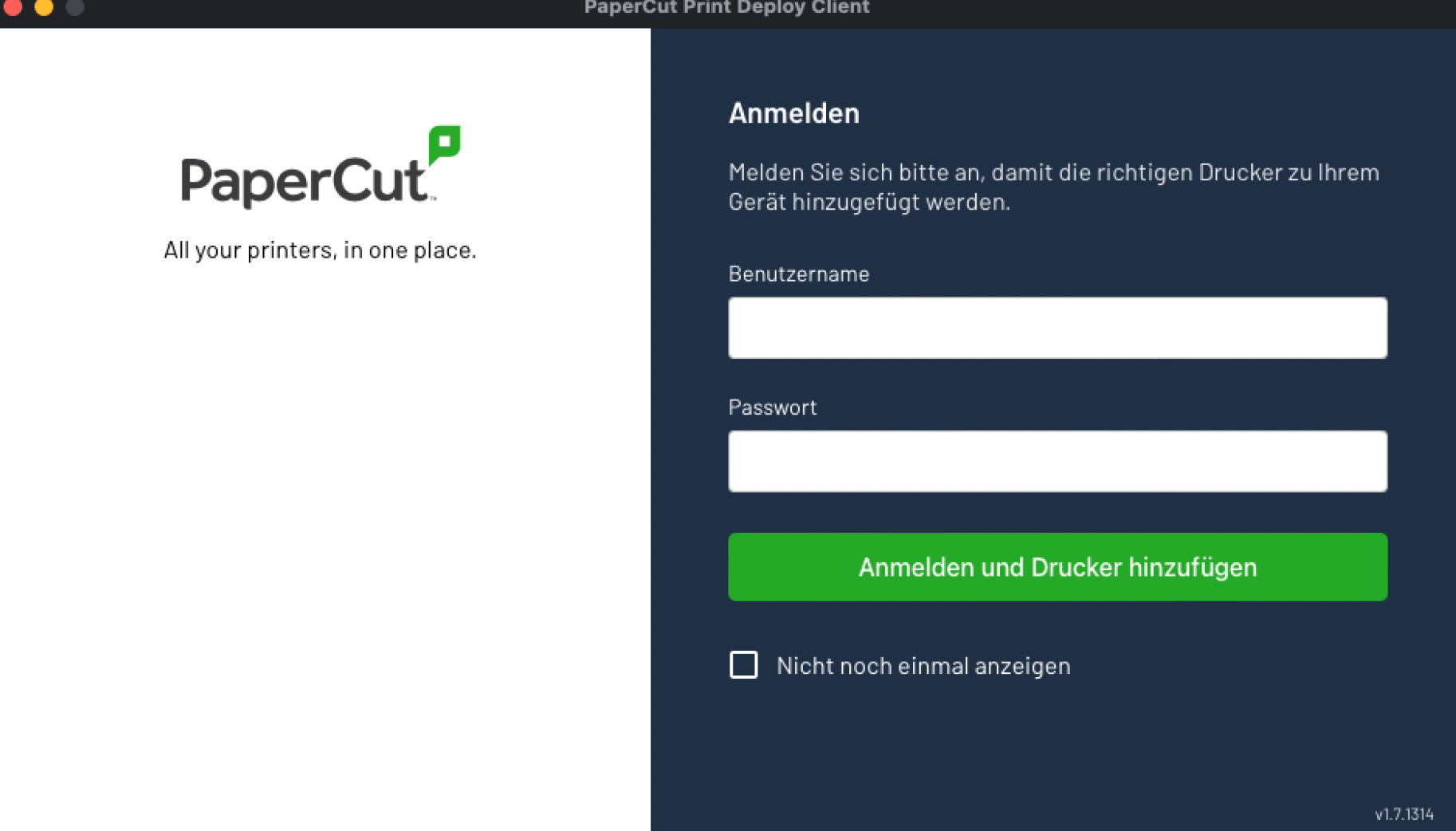 PaperCut-Anmeldemaske mit Feldern für Benutzername und Passwort