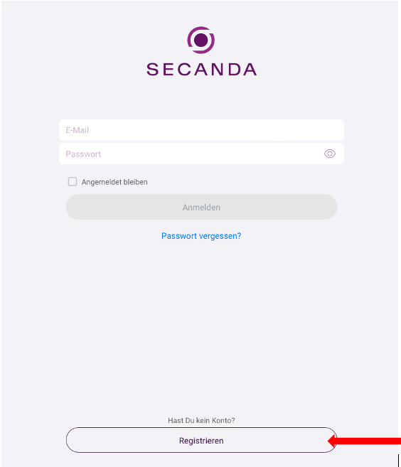 SECANDA-Anmeldeseite mit rotem Pfeil, der auf den Button «Registrieren» zeigt