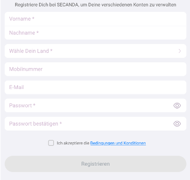 SECANDA-Registrierungsformular mit Feldern für Vorname, Nachname, Land, Mobilnummer, E-Mail und Passwort