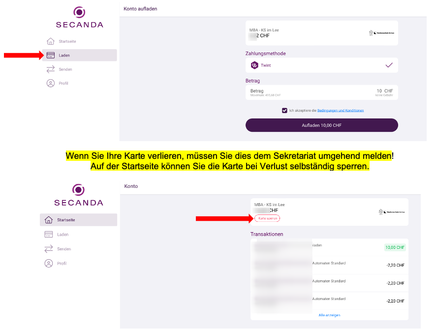 SECANDA-App: Konto aufladen per Twint und Karte über den Button «Karte sperren» bei Verlust sperren